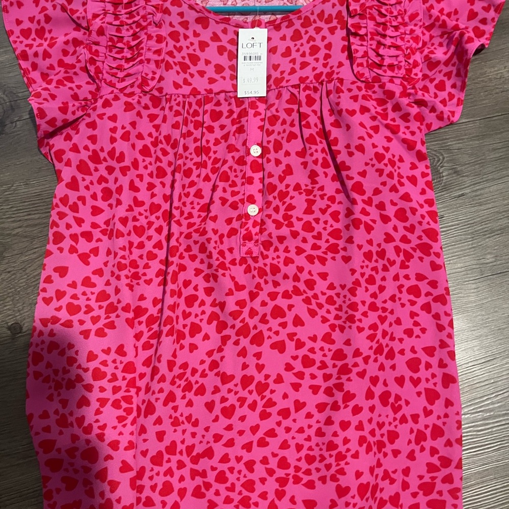 LOFT Pink and Red Heart Print Blouse